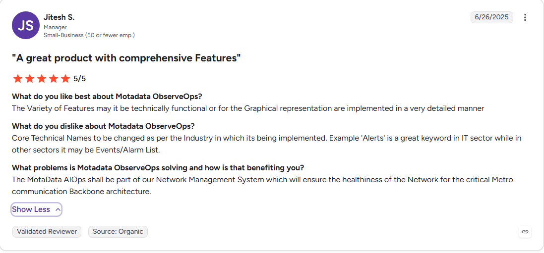 Motadata ObserveOps review on G2