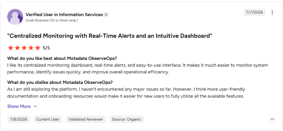 Motadata ObserveOps review on G2