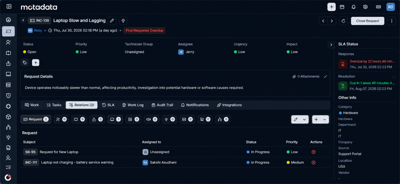 Relations tab, showing a linked Problem record