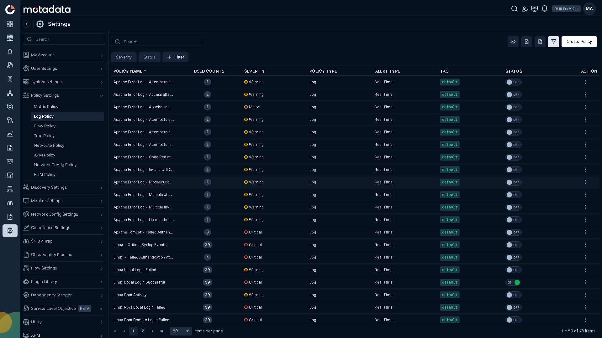 Log policy catalog for log-native detection