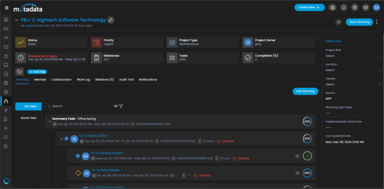 Project Planning List View
