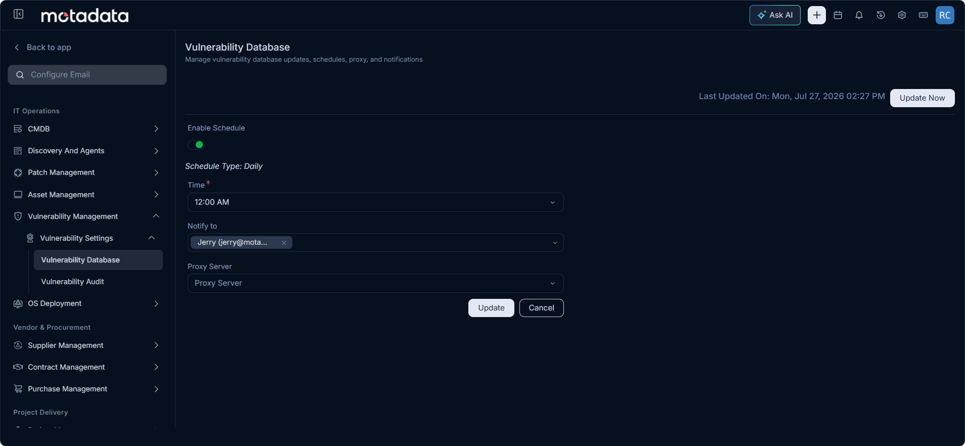 Vulnerability Database settings&nbsp;