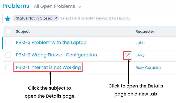 Options to open Problem Details Page