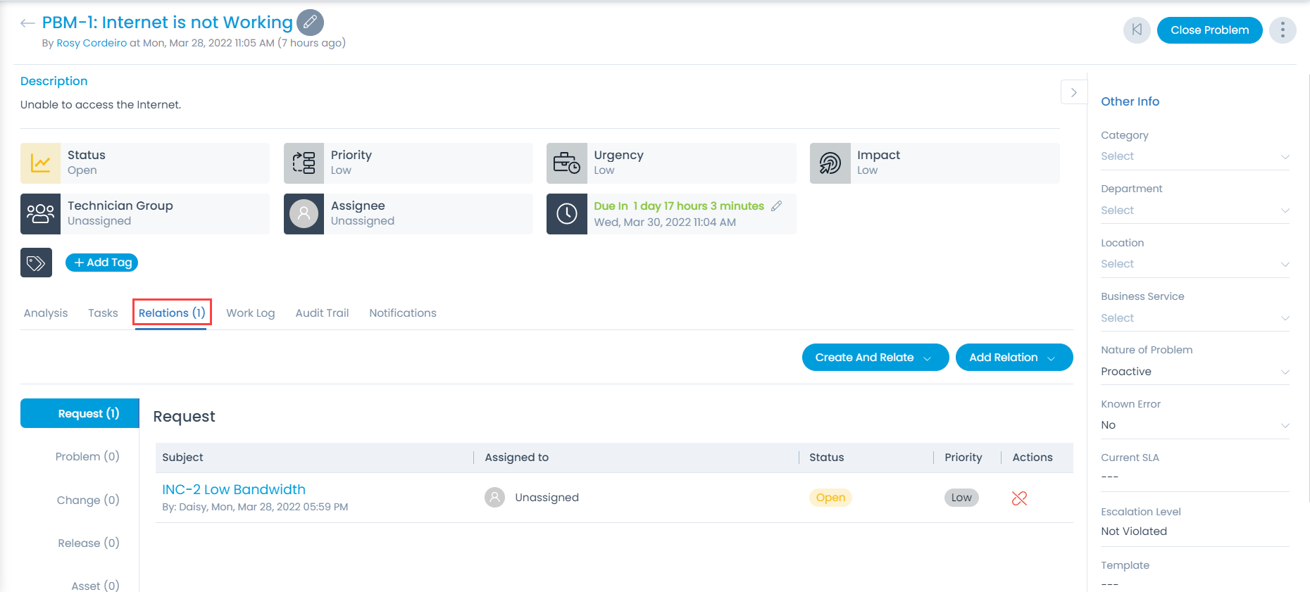 Relations Tab in Problem Details Page