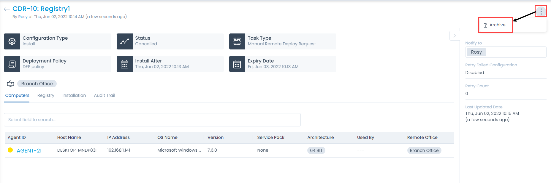 Archive Registry Deployment from Details Page