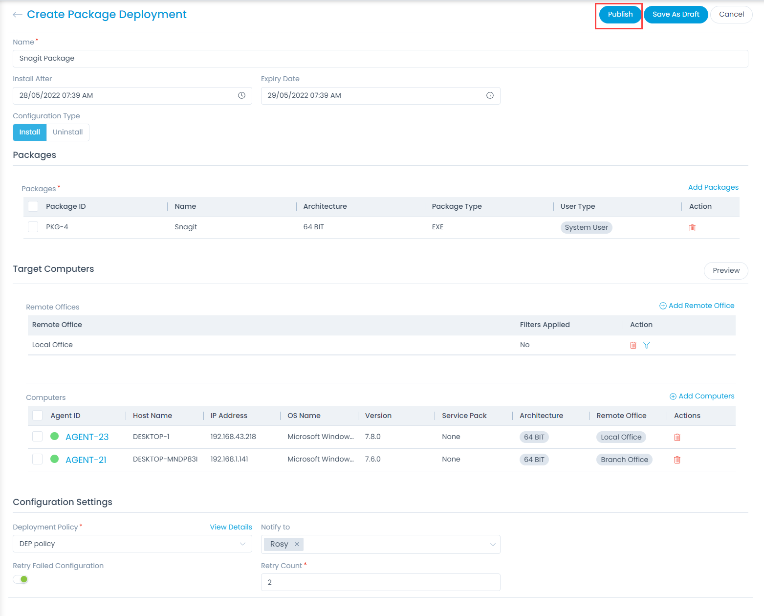 Create Package Deployment Page