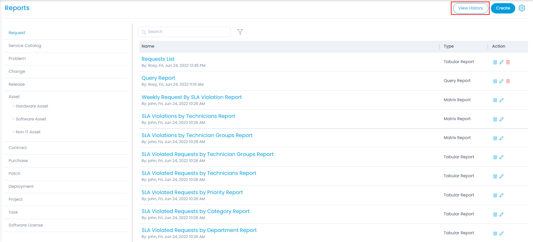 View History of All the Reports