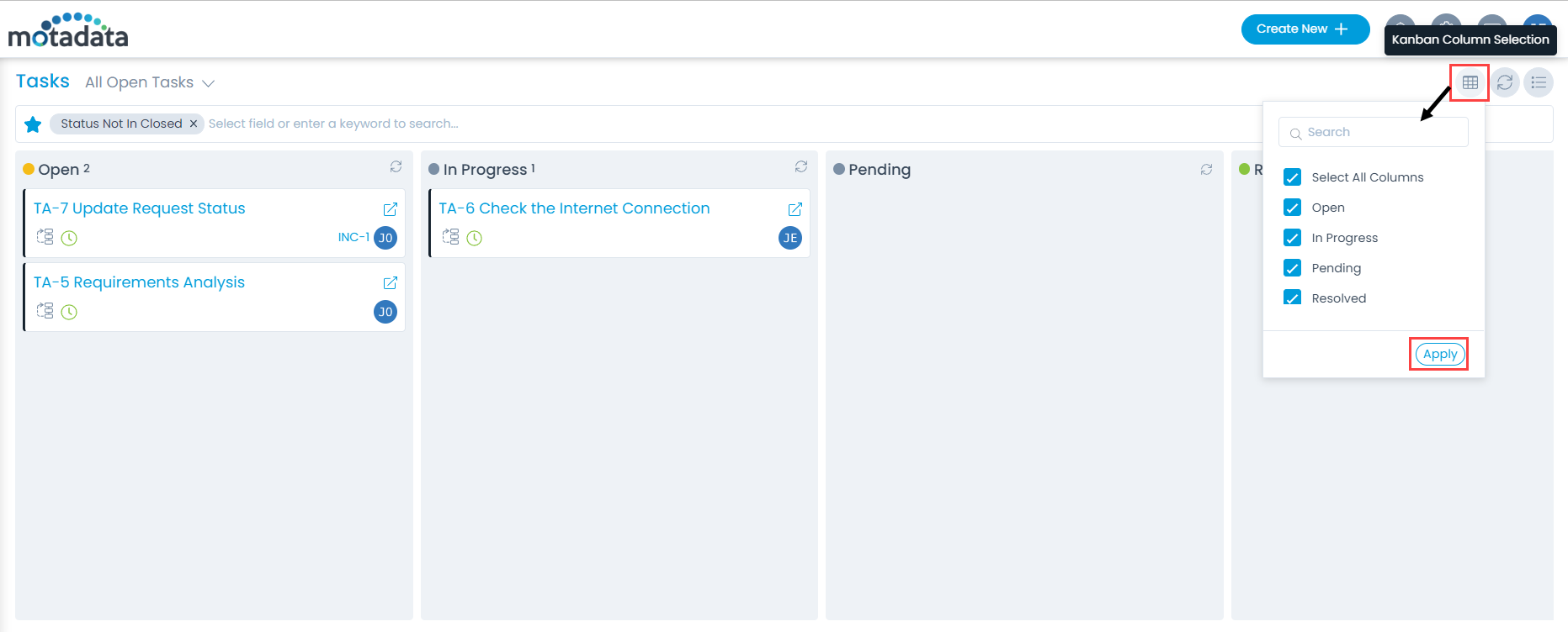 Kanban Column Selection