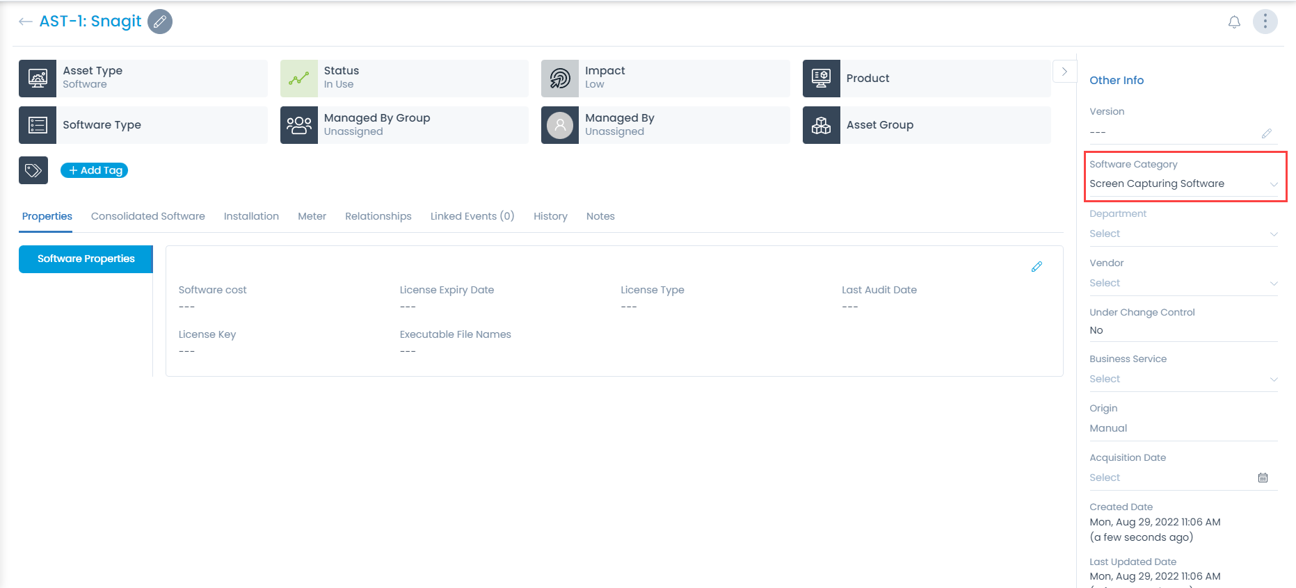 Software Category Assigned to the Asset