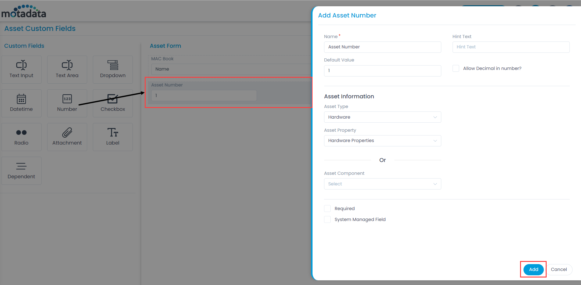 Adding Custom Field in the Asset Form