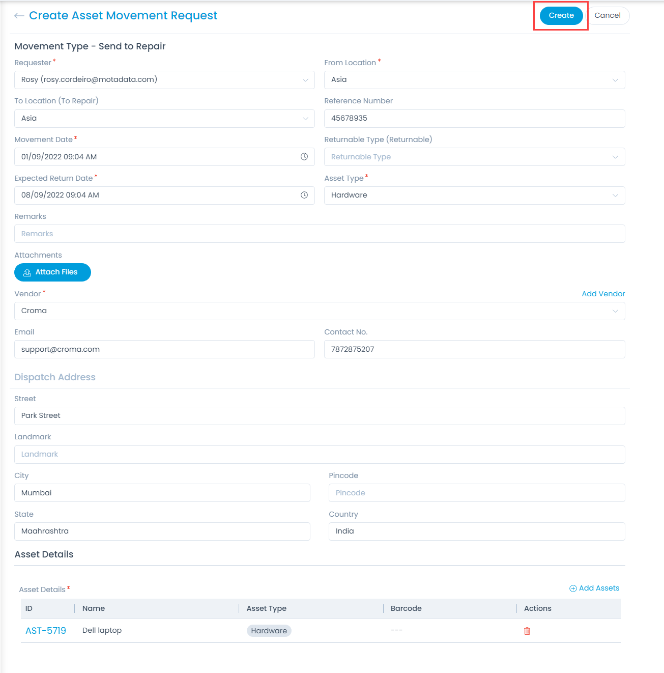 Create Asset Movement Request