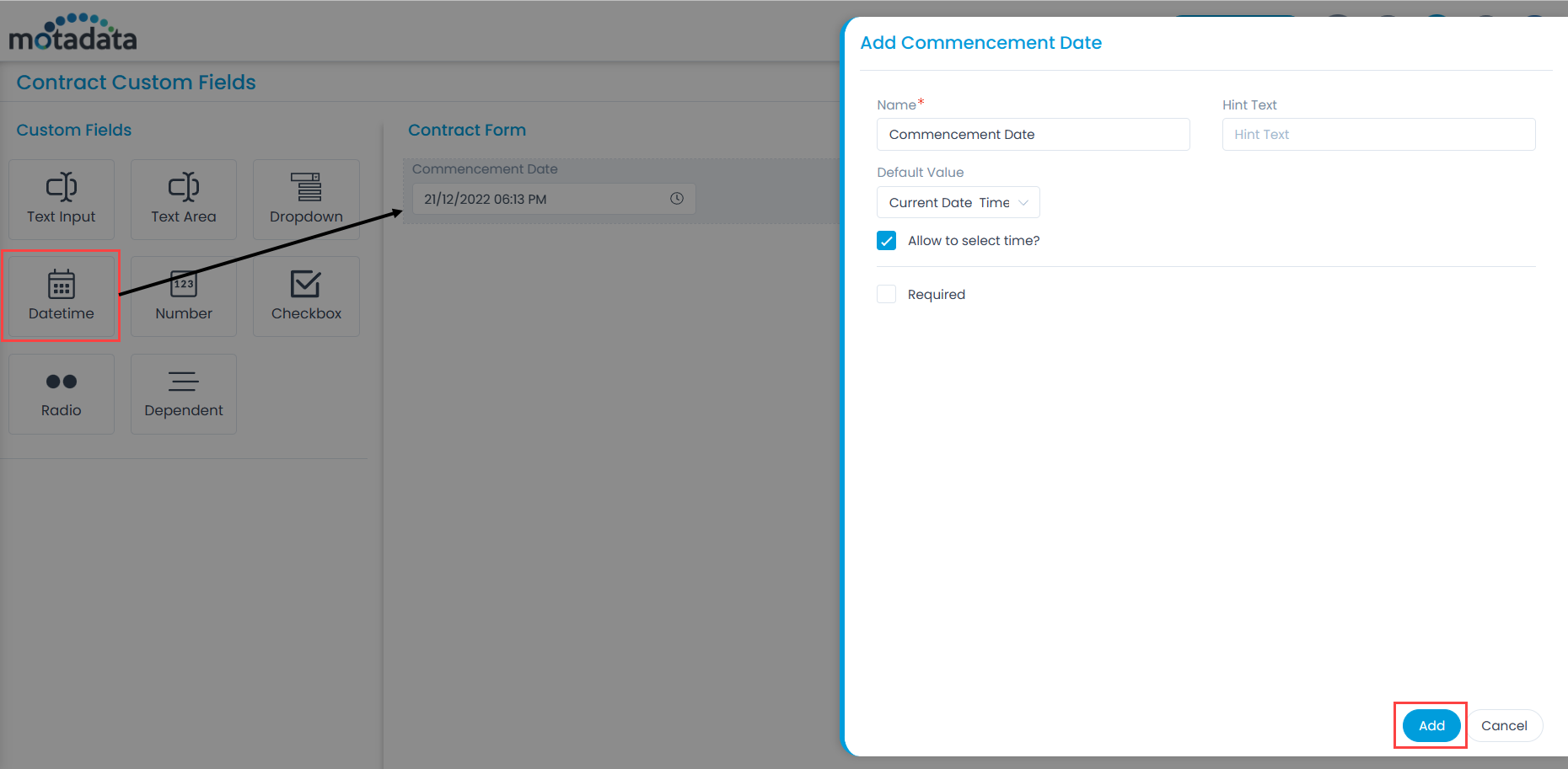 Adding Custom Fields in the Contract Form