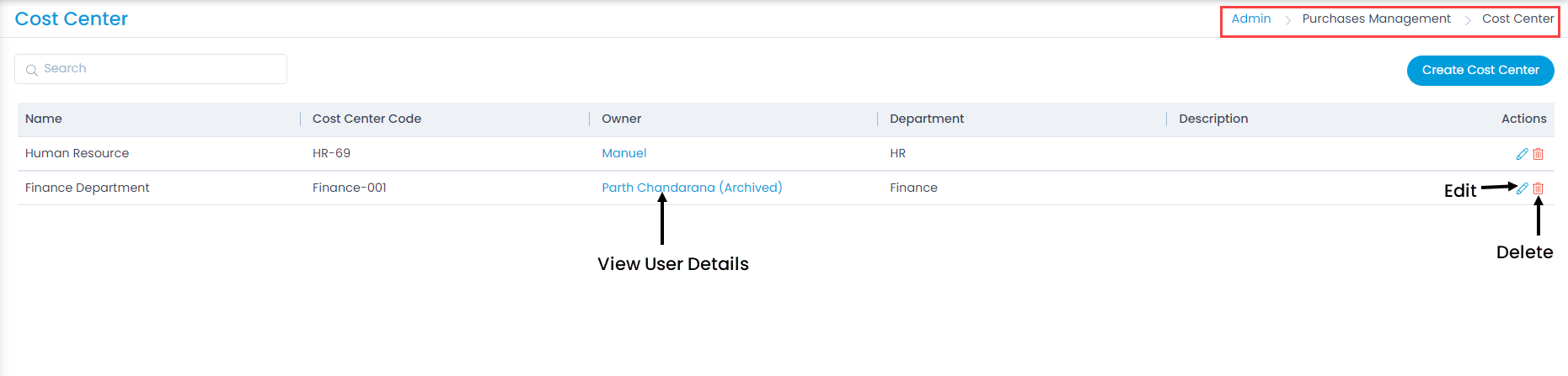 Cost Center Page