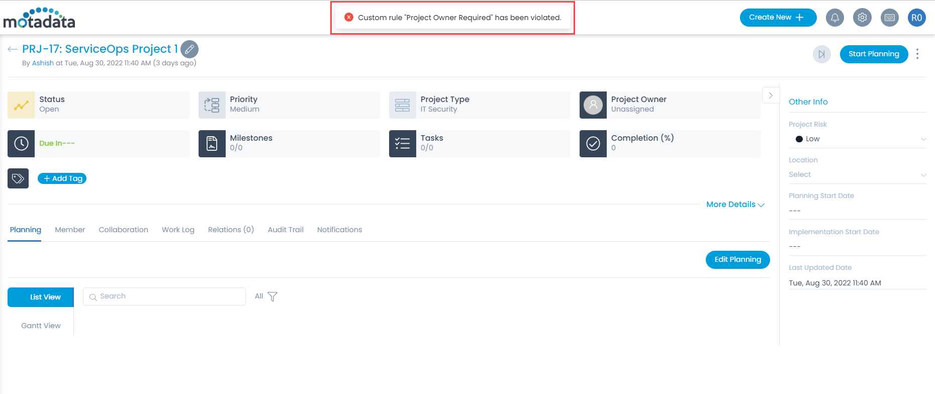 Example of Custom Rules in Project Management