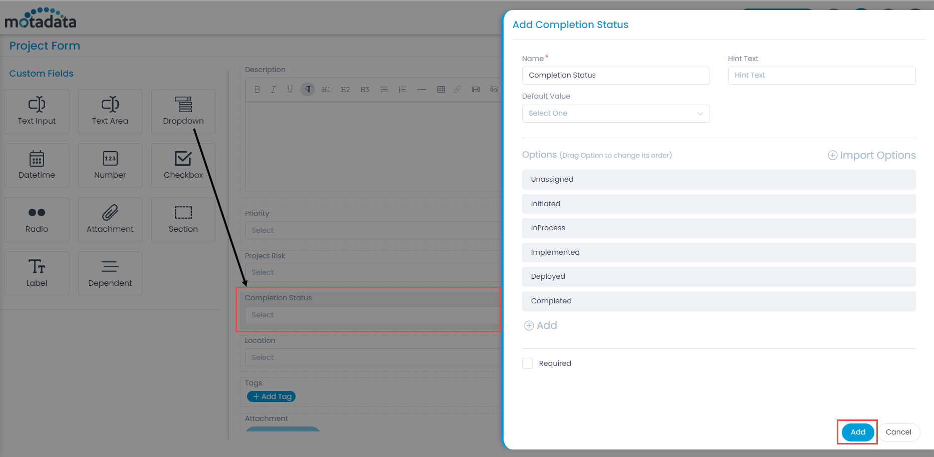 Adding Custom Fields in the Project Form