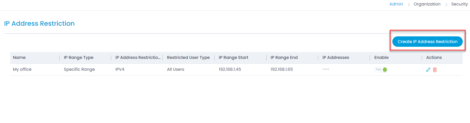 Create IP Address Restriction button