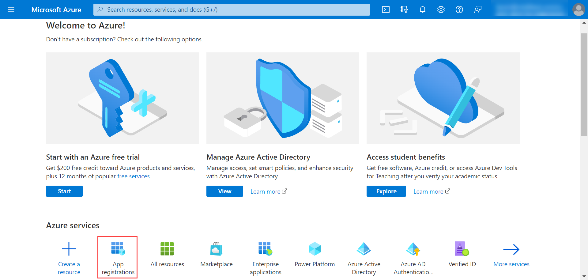 Microsoft Azure Portal Home page