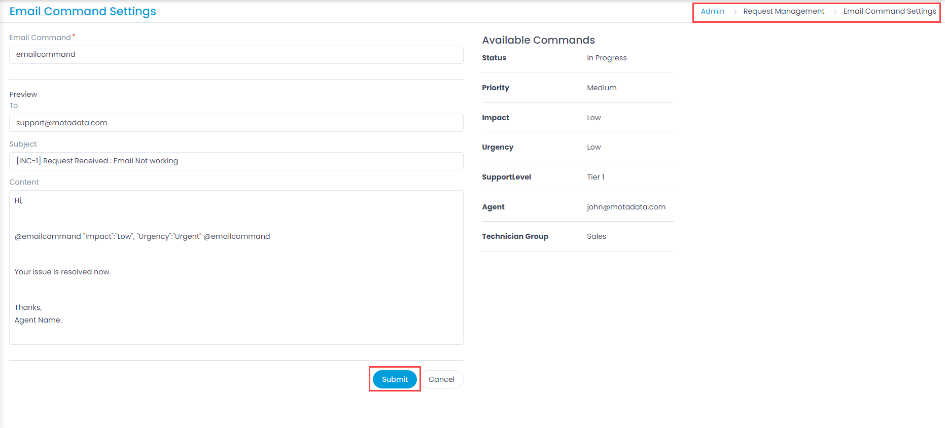 Email Command Settings