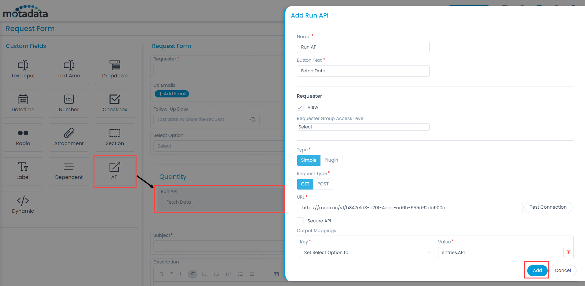 Adding API Field in the Request Form