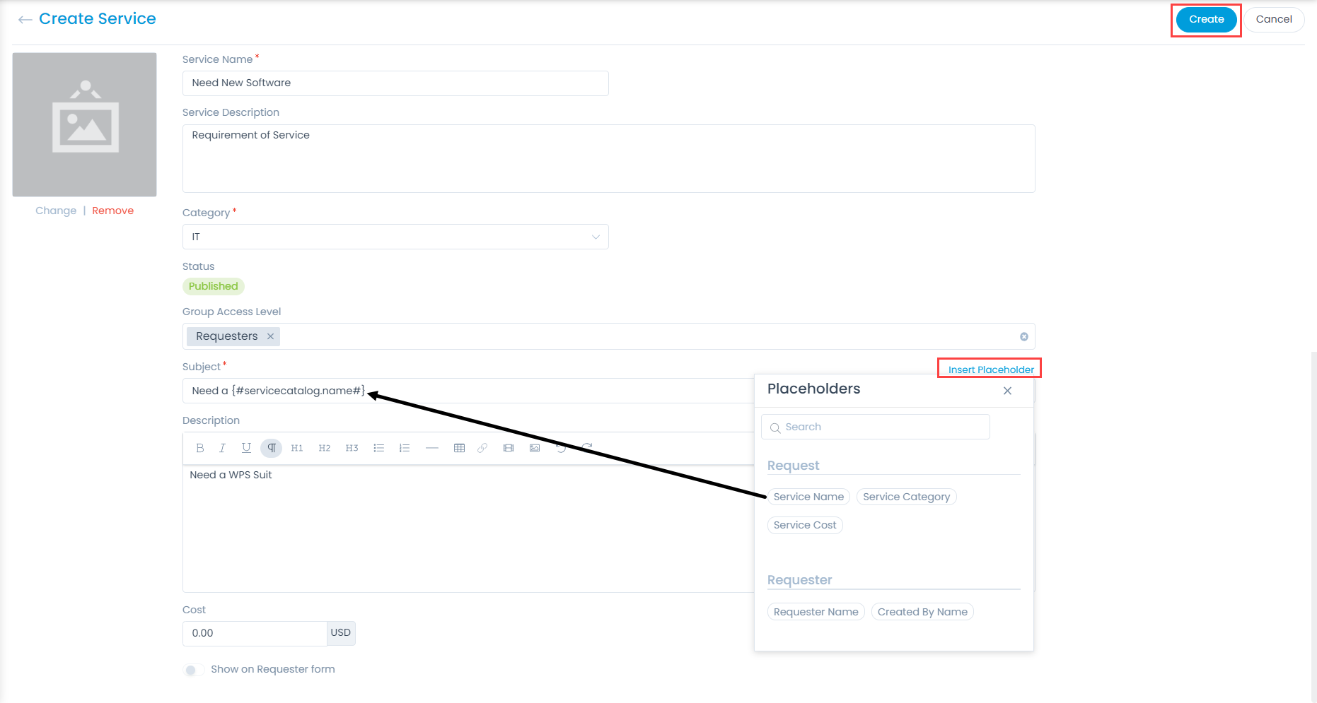 Entering Details while Creating a Service