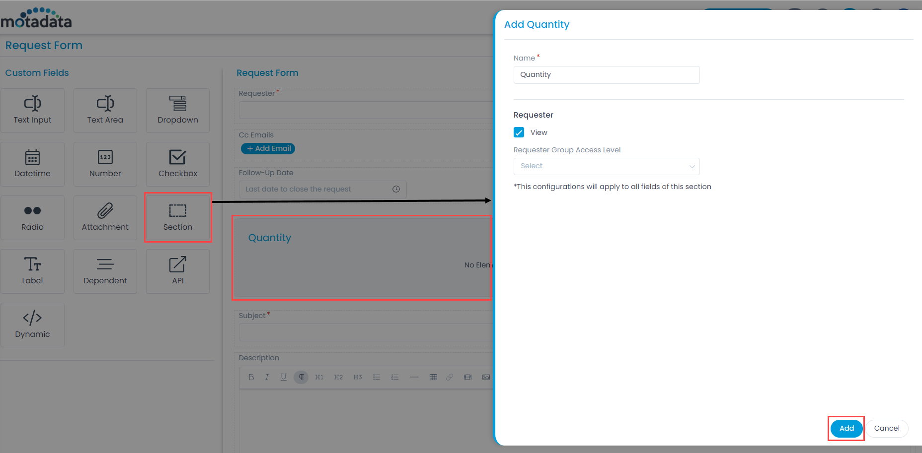 Adding Section Field in the Request Form