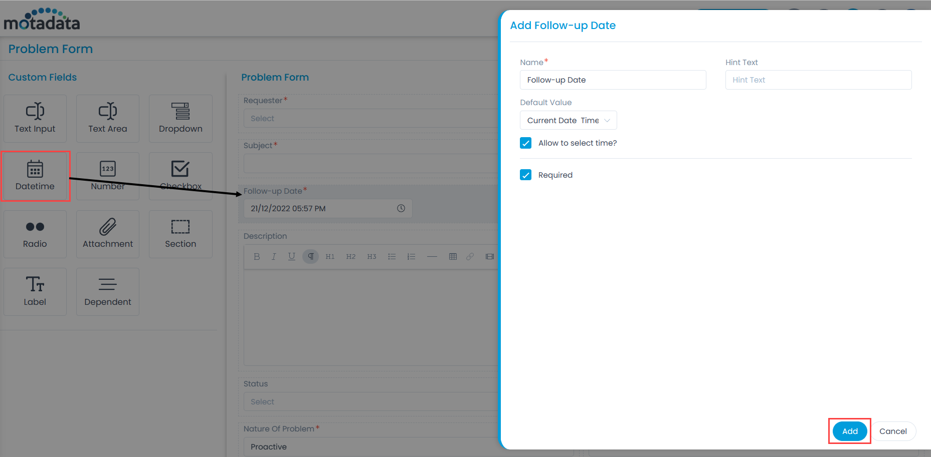 Adding Custom Fields in the Problem Form