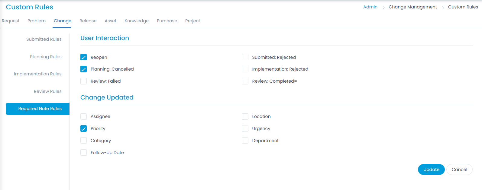 Fields that require a note before changing their values