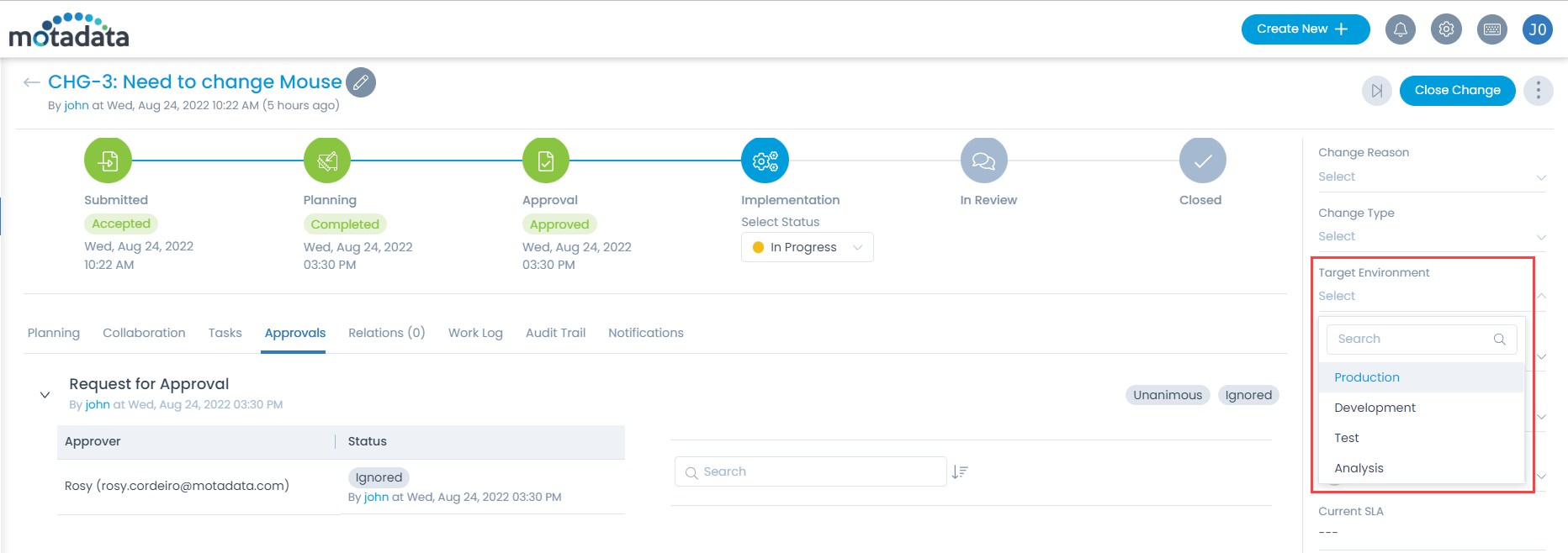 Target Environment on Change Details Page