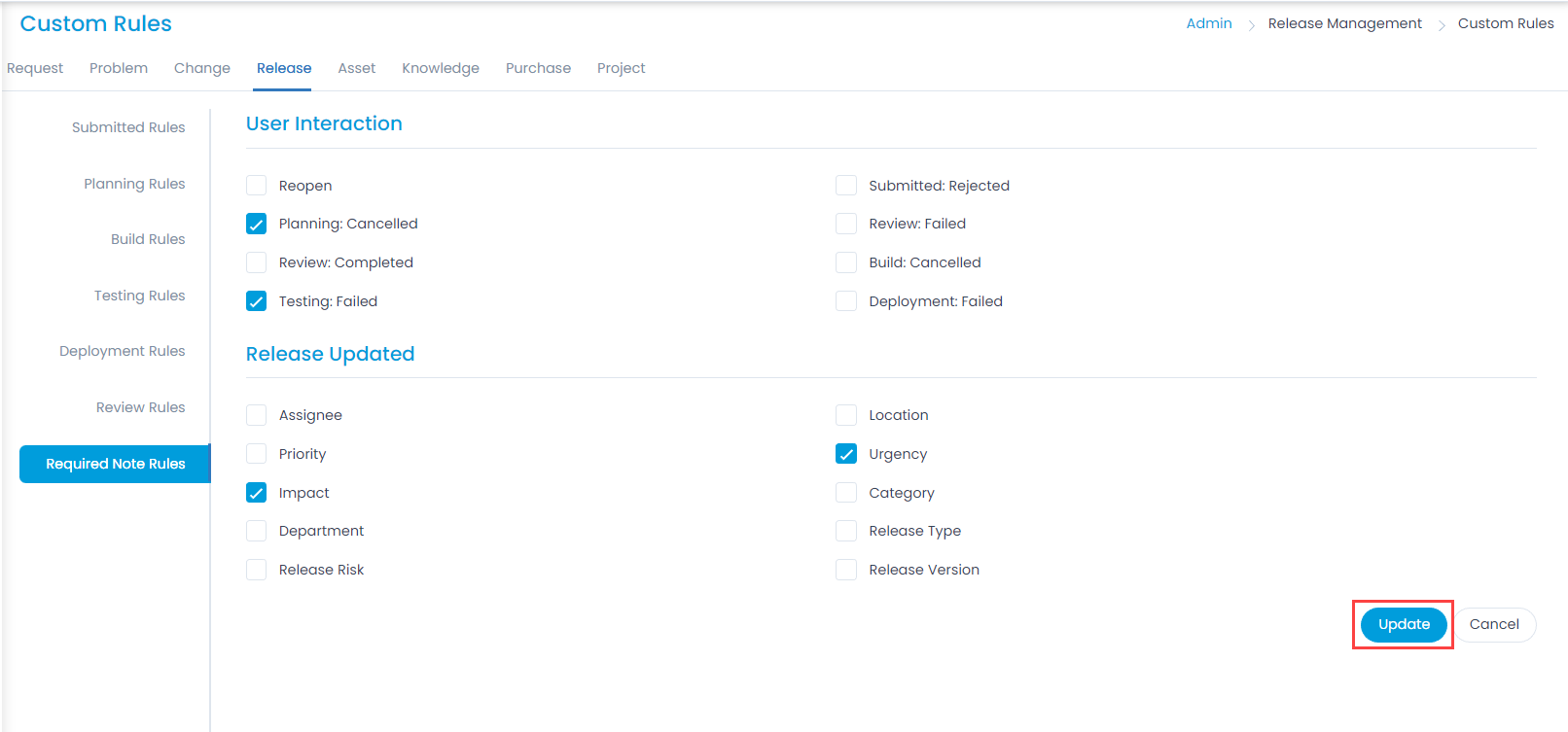 Fields that require a note before changing their values