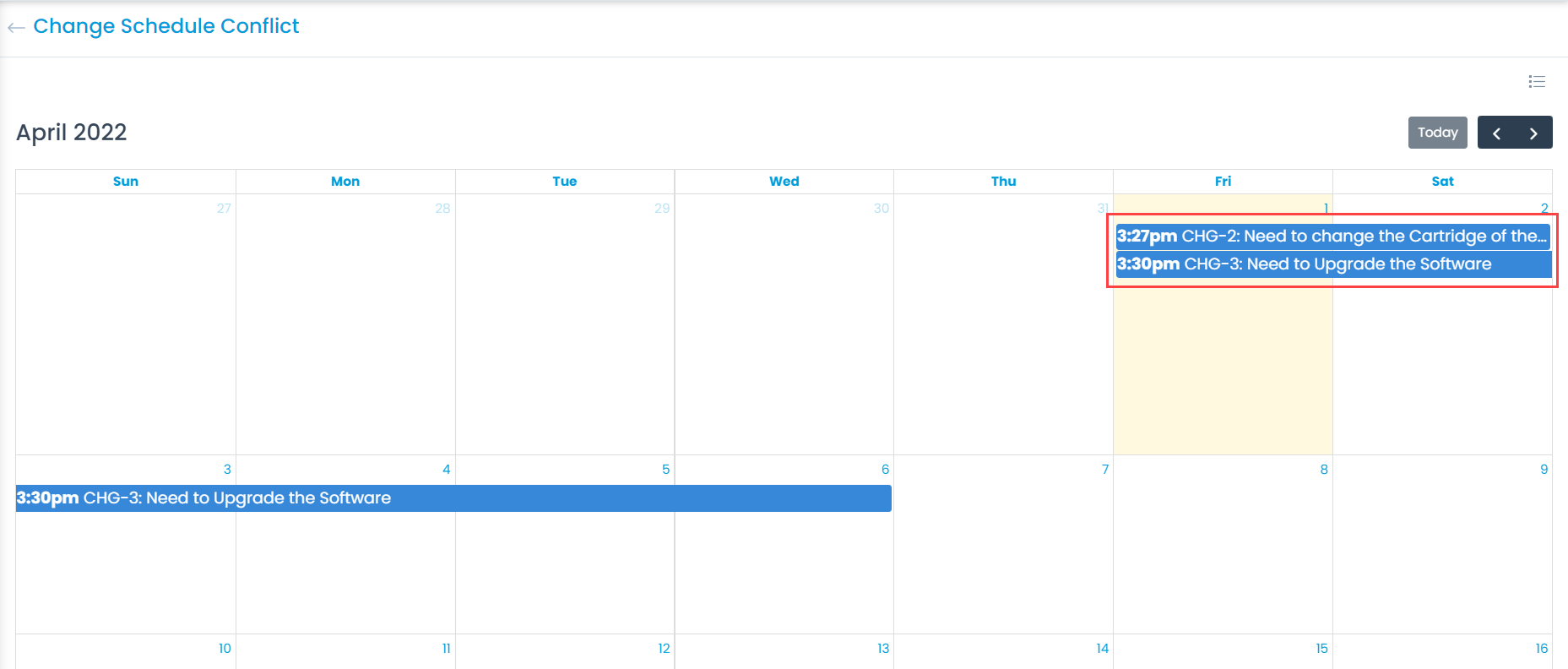 Viewing the detected Change Schedule Conflict