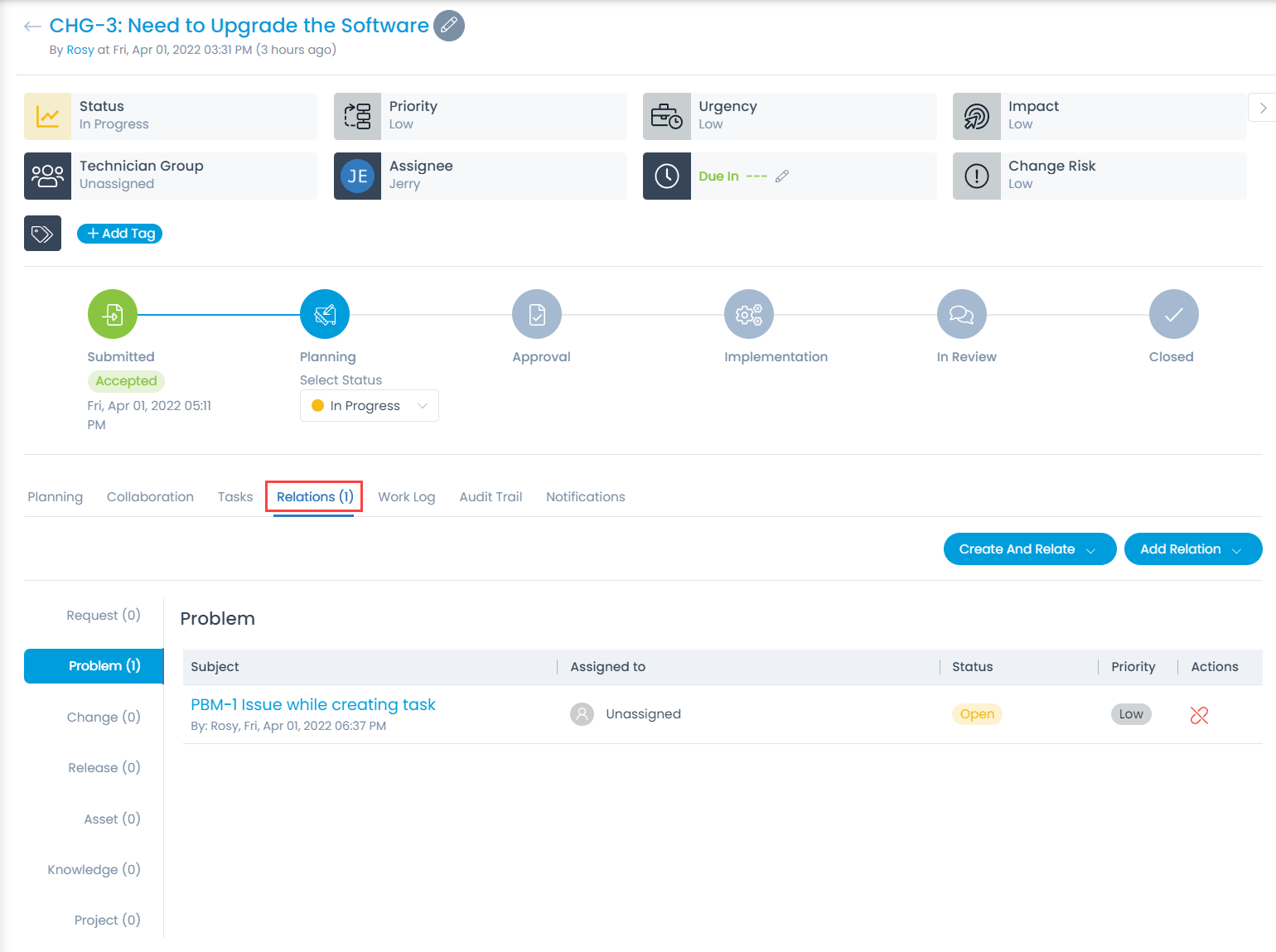 Relations Tab in Change Details Page