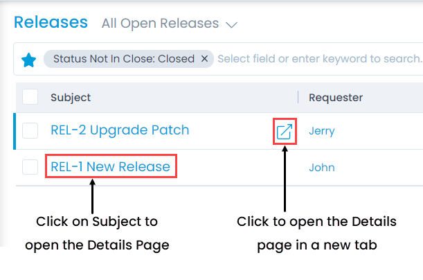 Options to open Release Details Page
