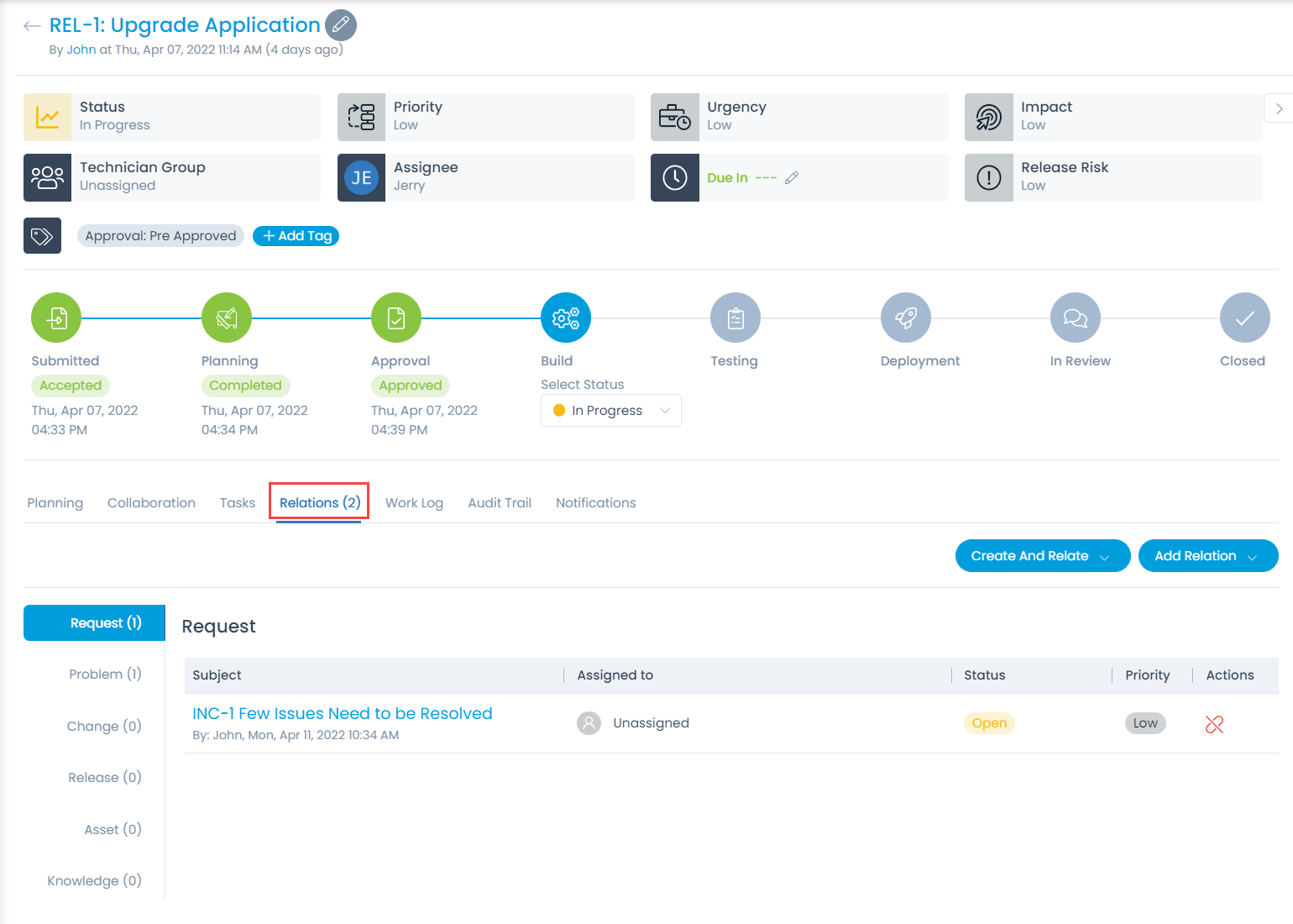 Relations Tab in Release Details Page