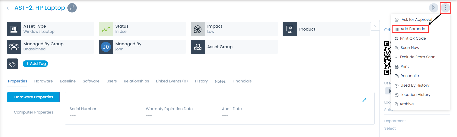Adding Barcode from Asset Details Page