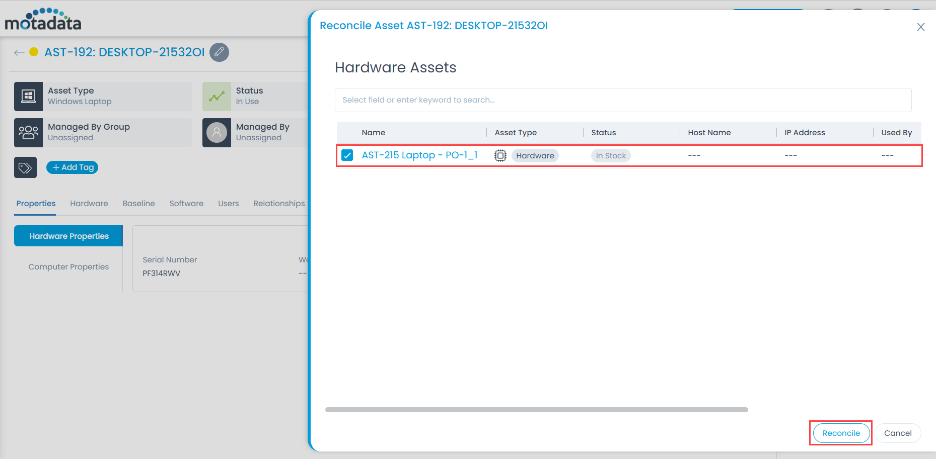 Select the Assets to be Reconciled