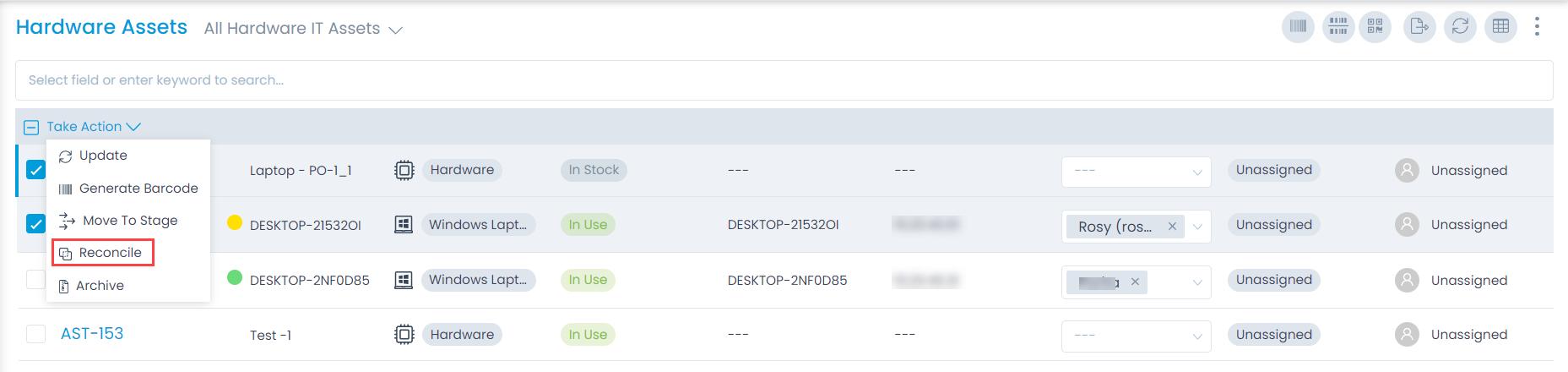 Reconciliation from Asset List View