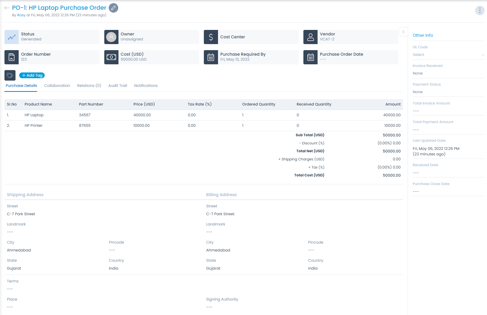 Purchase Order Details Page