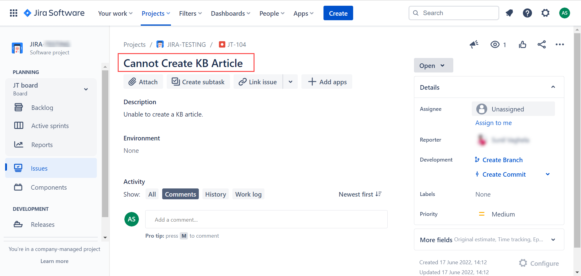 Issue Created In JIRA