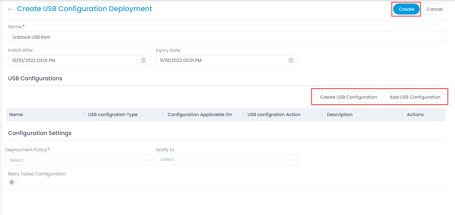 Create USB Configuration Deployment Page