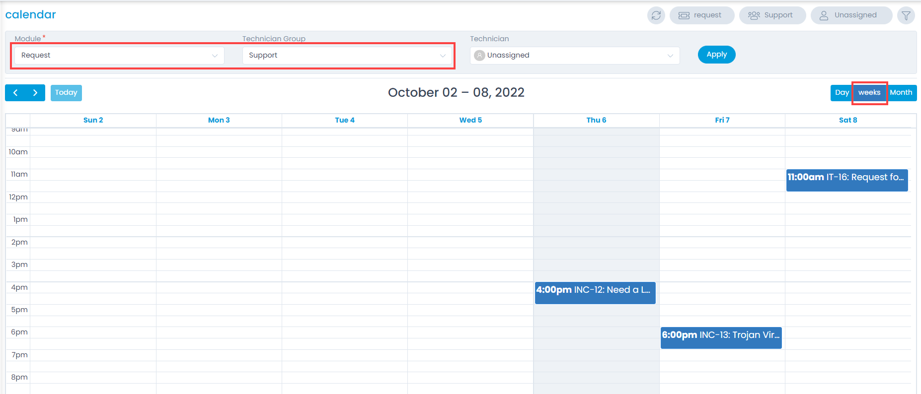 Details Based on Filter Criteria: Module: Request, Technician Group: Support, and Date: Week wise