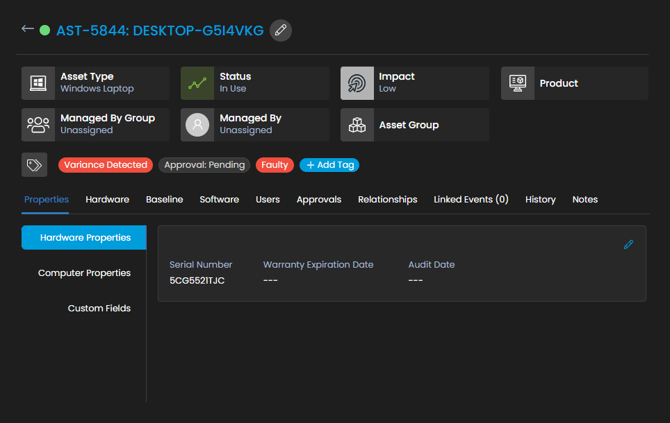 Asset Type - Hardware Properties