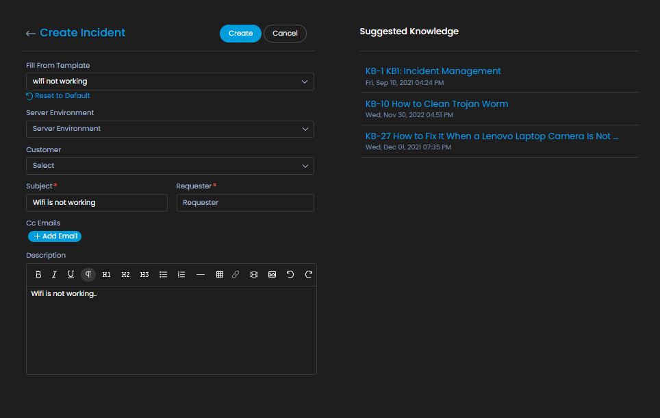 Knowledge suggestions while creating incident